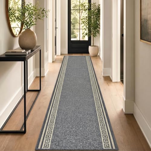 Bravich Greek Grey Non Slip Hallway Runner Rug Washable Hall & Stair Carpet Runner Anti Slip Rubber Backed 9mm Low Pile Fits Under Doors 66 x 91 cm (2ft 2in x 3ft)