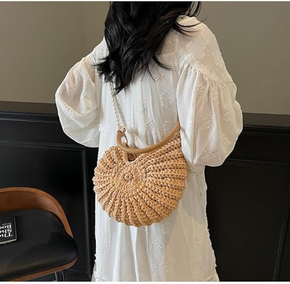 Shell Bag Seashell Bag Handwoven Crochet Shell Purse Summer Beach Tote with Pearl Strap Boho Clutch Shoulder Bag for Women - Image 4