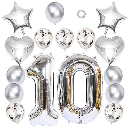 Ceqiny Globo 40" número 10 Globo 18" Forma corazón y Estrella Globo látex Lentejuelas 12 Pulgadas para Fiesta de cumpleaños Boda Despedida Soltera decoración de Aniversario, Plata 10 Kit Globos Cover