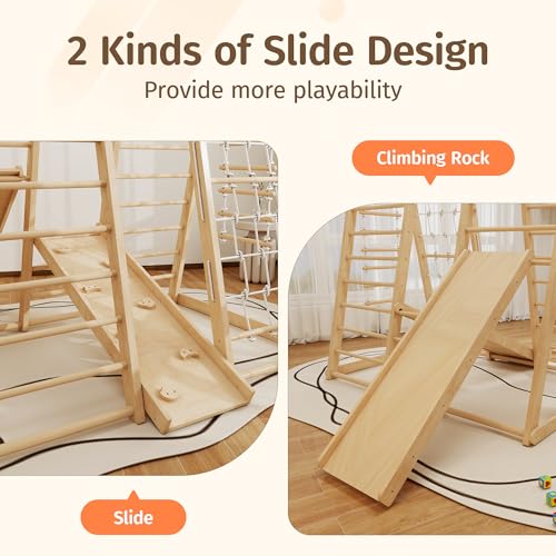 Image of Indoor Jungle Gym for Toddlers, 8-in-1 Wooden Montessori Climbing Toys with Slide, Swing, Rock Wall, Rope Ladder, Monkey Bars - Indoor Playground for Kids Ages 1-8