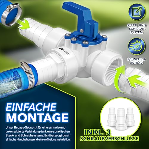 tillvex® Bypass Set Pool 12-TLG. - Ø32 & 38 mm Anschluss | 3-Wege-Ventil & ABS-Adapter | 6X Schlauchschellen & 8m Isolierband – ideal für Sandfilteranlagen, Wärmepumpen & Poolheizung