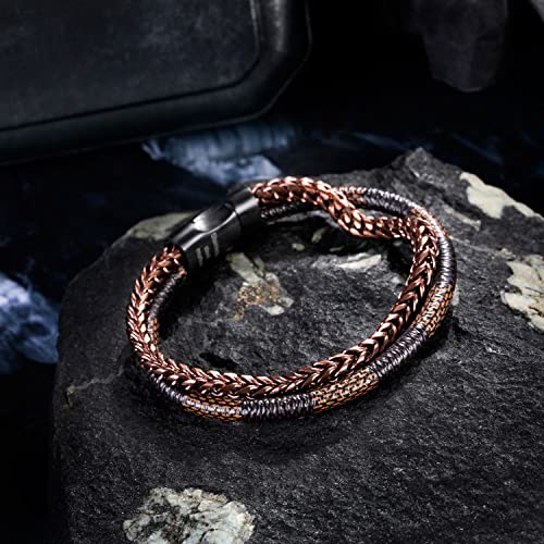 Image of Men's Leather and Steel Chain Bracelet with Clasp