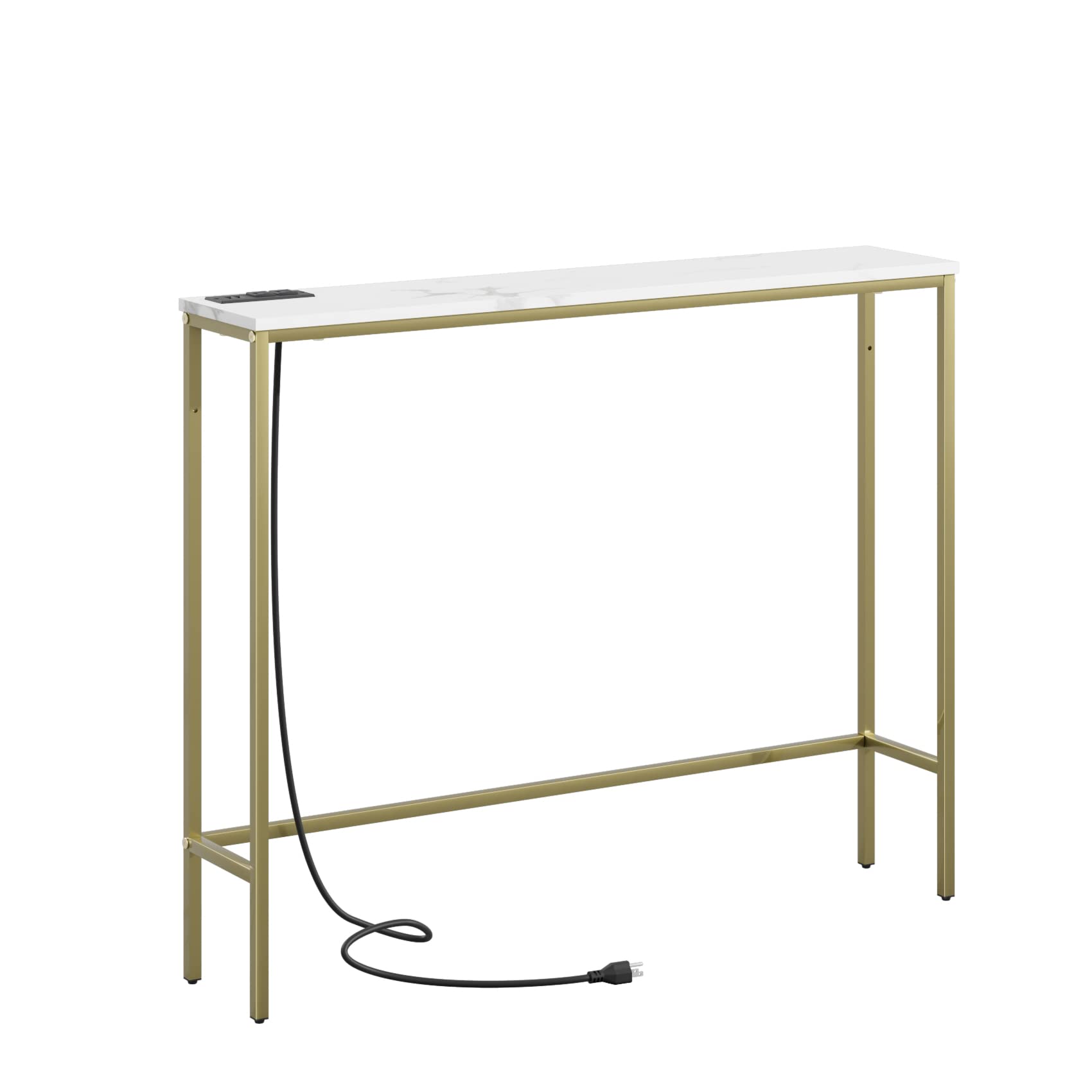 SONGXIN 39 Inch Console Table with Power Outlet,Modern Narrow Long Sofa Table Behind Couch,Skinny Entry Table with Gold Metal Frame for Entryway,Living Room, Hallway,Marble White