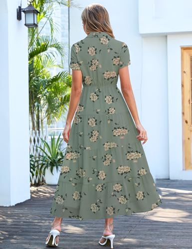 Image of Kranda Women 2026 Summer Collared V Neck Short Sleeve Button Down Chiffon Long Tiered Floral Maxi Dress with Pockets