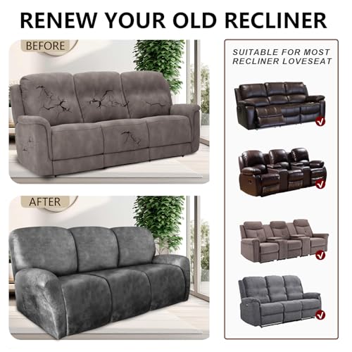 Image of ANARACHON Recliner Couch Cover Leather Look Recliner Sofa Covers for 3 Cushion Reclining Sofa Slipcovers 8-Pieces Furniture Protector Spandex Fabric Washable (3 Seater, 02 Light Grey)