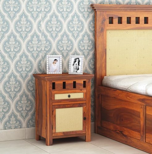 Image of Sheesham Wood Bedside Table for Bedroom Living Room Home Office with 1 Drawer and Cabinet Storage Solid Wood Table Furniture | End Table | Nightstand | Sofa Side Table (Honey Finish)