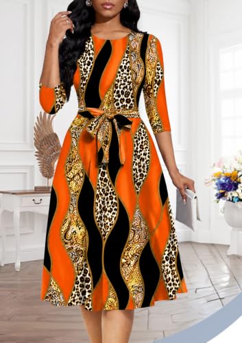 Image of Casual Dresses for Women Midi Church A-Line Fit and Flare Dress Crewneck 3 /4 Sleeve Party Dress