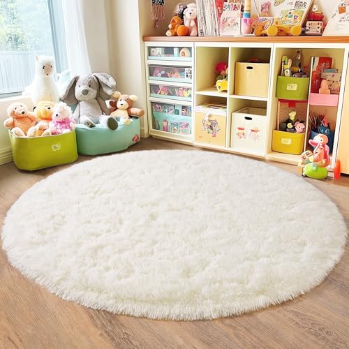 3'x3' Cream Round Rugs for Girls Bedroom, Ultra Soft Fluffy Circle Rug for Kids Room, Cute Small Shag Rugs for Living Room Playroom Tent Castle Home Decor Rug
