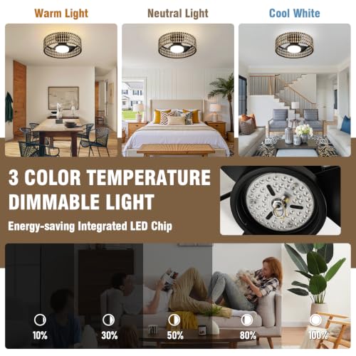 Image of Boho Farmhouse Ceiling Fan with Lights,Rustic Wood Caged Ceiling Fan 20 inchs Low Profile Flush Mount Ceiling Fan Dimmable LED Light Quiet 6 Speed DC Motor for living room Bedroom Kitchen