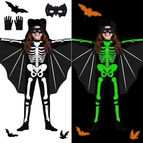 NebulaGlam Trajes de Murciélago Luminosos, Disfraz de Esqueleto para Niños, Trajes de Murciélago para Niños Disfraces de Halloween de Carnaval (110cm)
