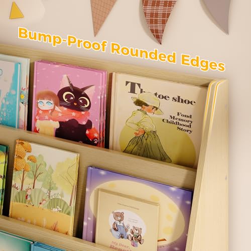 Image of Tatub 4 Tier Kids Wooden Bookshelf, Toddler Sling Bookcase Montessori Bookshelf, Children Front Facing Book Shelf for Nursery, Playroom and Classroom, Natural Wood