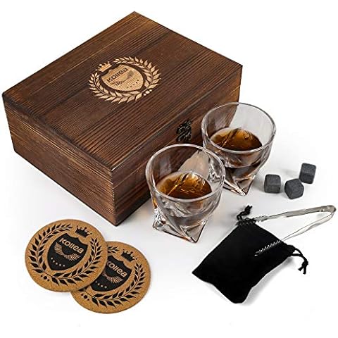 Kollea Whiskey Stones & Glasses Gift Sets, Whiskey Glass Set with 8 Granite Whiskey Stones Ice Cubes, Wooden Gift Box, Whiskey Lovers Gifts for Men, Dad, Boyfriend, Father's Day Gifts Cover