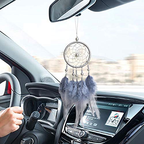 Dremisland Dream Catchers Handmade White Dream Catcher Car Rear View Mirror Pendant Charm with Pearl Ornament (Grey)