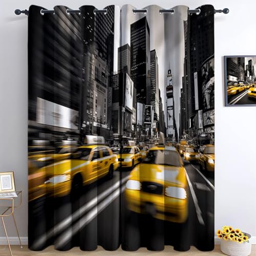 Moderne Ville Rideau Occultant Noir Blanc Times Square Taxi Lot de 2 L75 x H166 cm, Rideau Isolant Thermique Opaque à Oeillets, Rideaux Anti UV Decoration...
