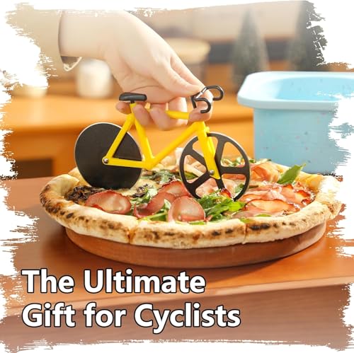 Image of SIGNAMIO Bicycle Pizza Cutter and Sandwich Slicer - Yellow, Ergonomic Non-Slip Handle, Stainless Steel Pizza Wheel for Kitchen, Ideal Roti, Paratha, Chapati, Brownie & Slice Cutter