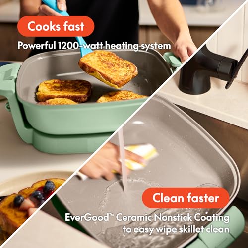 Image of bella Make & Take Electric Skillet, Fits-anywhere kitchenware, EverGood Ceramic Coating, Adjustable Temperature & Dishwasher-Safe Tempered Glass Lid, Cast Aluminum Base, 1200 Watt, Seaglass