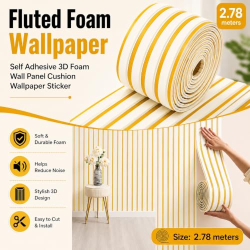 Image of Fluted Foam Wall Panel 16 x 278 cm Self Adhesive 3D Walls Panels for Interior Wall Decor Strip, Easy Cuttable No Drilling for Living Room, TV Background