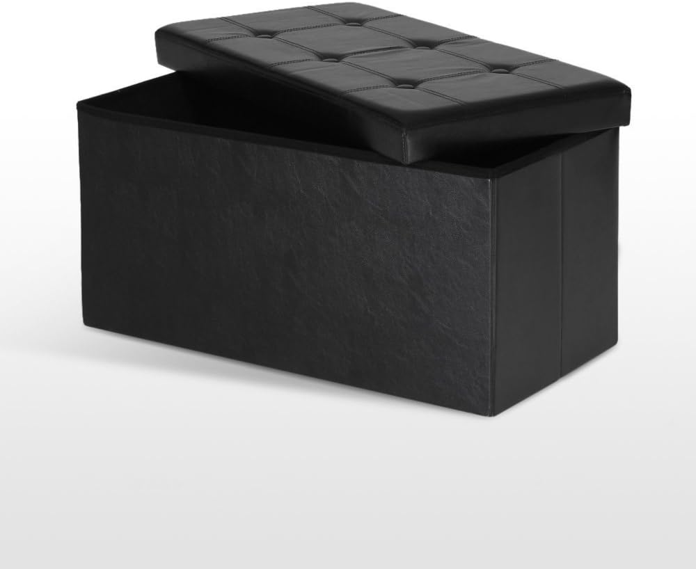 HereDeco Folding Storage Ottoman Bench Large Sofa Foot Rest Stool Pouffe Foldable Storage Box Faux Leather (Black)