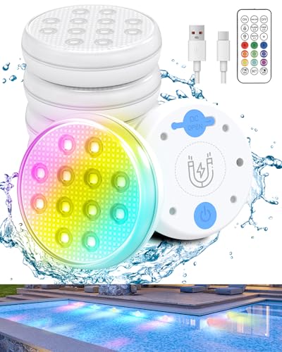 Ueyake Pool Lights, Rechargeable Submersible LED Lights with Remote, IP68 Waterproof 16 Color Changing Floating Lights, Built-in Magnet Underwater Lights for Fountain, Pond, Aquarium