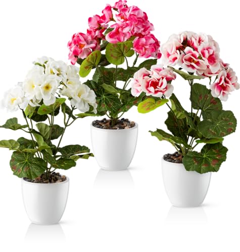 PASCH Künstliche Geranien im Hochglanz-Keramiktopf | Kunstblumen im Topf | Künstliche Blumen wie echt | Fake Blumen | Kunstblumen wie echt (Blütenspiel 3 Stück 25cm)