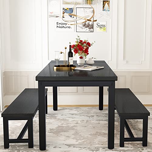 Hooseng Dining Table Set With Two Benches, Kitchen Table And Chairs For 4 People Family Use, 47In Space-Saving Bench Style Dining Table Set Furniture W/Heavy Duty Sturdy Metal, Easy Assemble, Black #TOP2