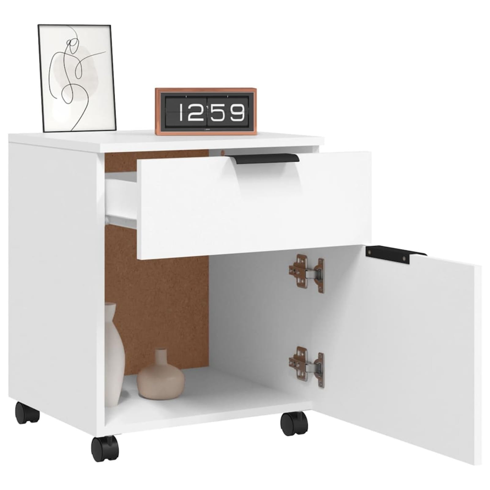 Schedario con Ruote Bianco 45x38x54 cm Legno Multistrato,Cassettiera, Mobiletto da Ufficio con Serratura,Regolabile per Cartelle Sospese, Superficie Testurizzata, per Ufficio, Studio