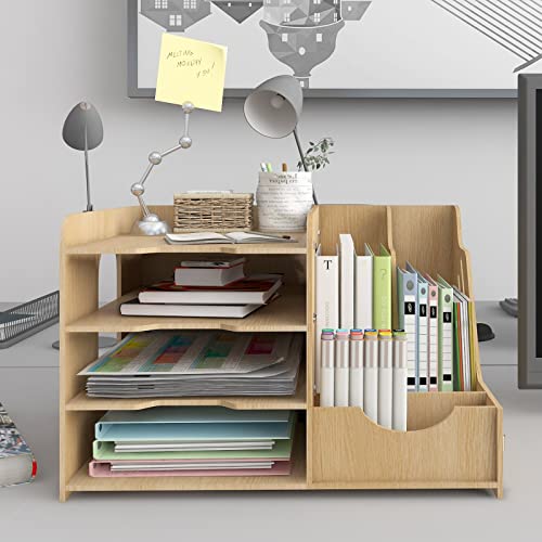 PUNCIA 4 Tier Wooden Desktop Organizer Letter A4 File Rack - Mail Sorter with Vertical & Horizontal File Holder, Tabletop Storage Box for Office Supplies Binders Folders Trays image 6