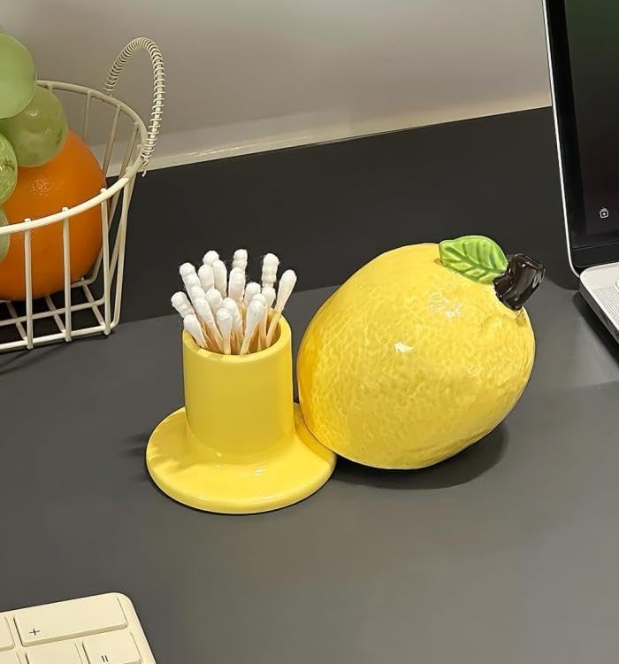 123Arts レモンセラミックつまようじボックス つまようじホルダー オーガナイザー 綿棒収納ジャー 蓋付き