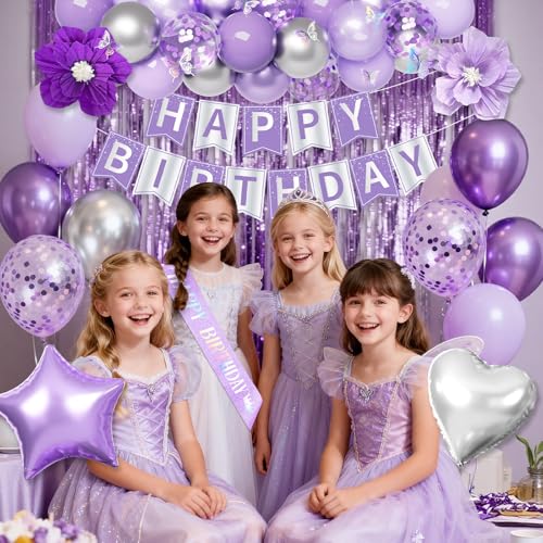 Purple Birthday Decorations for Women Girls, Lavender Silver Metallic Balloons Glitter Sash Fringe Curtain Butterfly Decor Cake Topper Happy Birthday Banner Butterfly Party Decorations Lavender Bday - Image 3