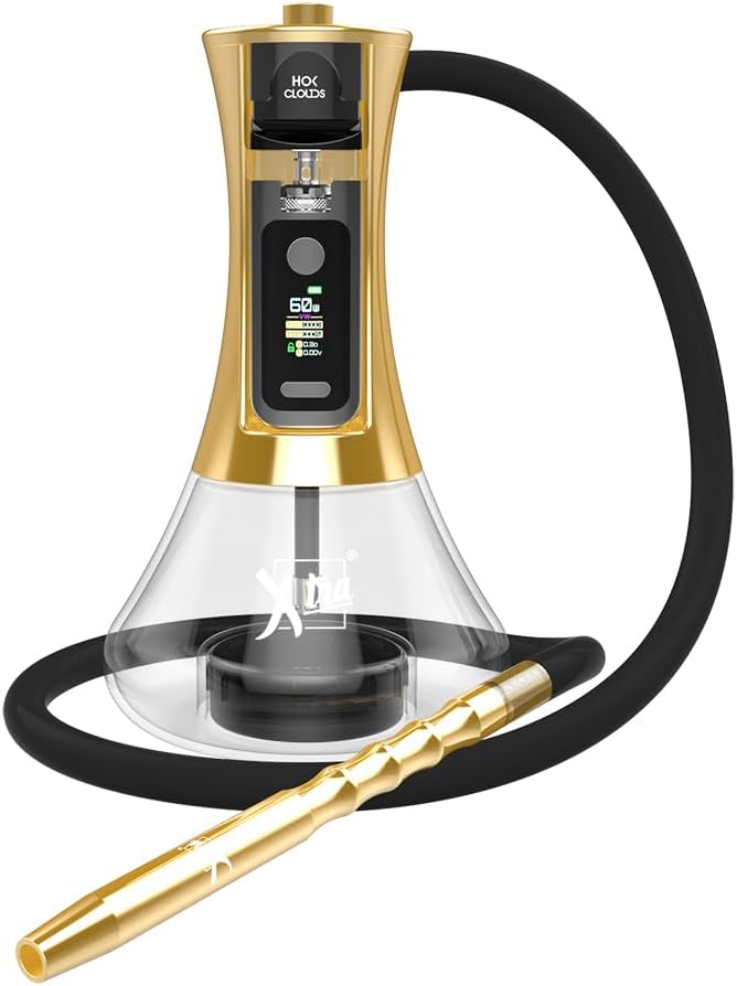 Xtra Electronic Shisha - Portable Electric Hookah Set with Hose, Pipe, Mouthpiece, Pod, Coils, Cleaning Tools, Carrying Case, Rechargeable Battery - Easy Assembly, No Coal Needed - (Gold)
