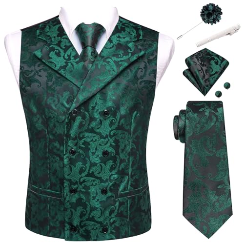 Hi-Tie Floral Green Double-Breasted Silk Suit Vest For Men Necktie Formal Waistcoat Lapel Pin Handkerchief Cufflinks Tie Clip Suit Tuxedo 6Pcs