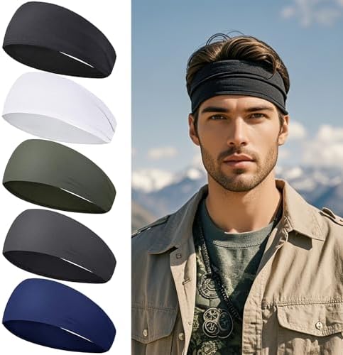 5 Pack Sports Headbands for Men, Sweatband Sports Headband for Running, Cycling, Basketball, Football, Yoga, Hairband for Women and Men, Colour Mixture