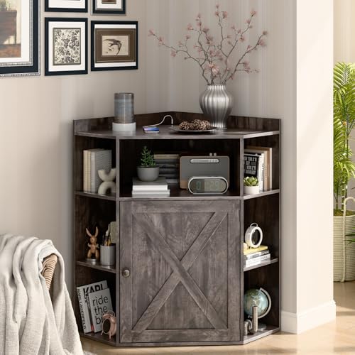 Image of Halitaa Corner Storage Cabinet, Farmhouse Corner Bookshelf with Storage 6-Cubby Wooden Cabinet with USB Ports and Outlets Industrial Organizer for Small Space, Study, Playroom, Living Room