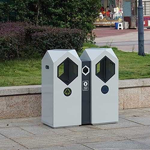 Outdoor Sorting Trash Bin Outdoor Metal Trash Bin Large-Capacity Double Barrel Iron Trash Bin with Diamond Top Cover 90×38×95CM