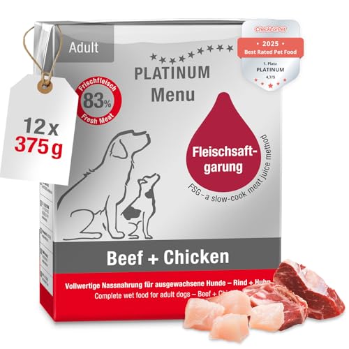 PLATINUM- Hundenahrung Menu Adult Beef+Chicken aus Fleischsaftgarung- 12 x 375 g Hundenassfutter nährstoffreich wie Barf- besonders saftig für kleine und große Hunde- BPA- frei, in DE geprüft