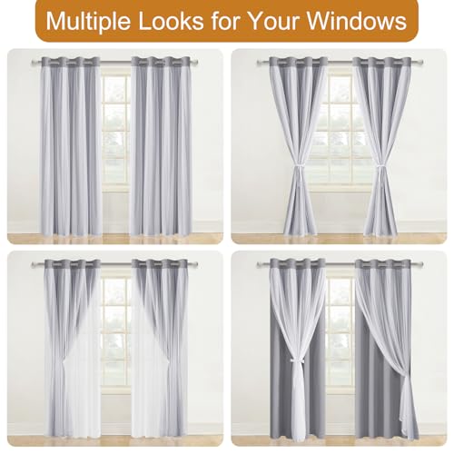 Image of DWCN Grey Blackout Curtains with Sheer Overlay with Tiebacks 96 Inch Long | Floor to Ceiling Mix & Match Double Layer Window Panels for Bedroom Living Room Drape, Grommet Top, 52 inch Wx96 inch L, Set of 2