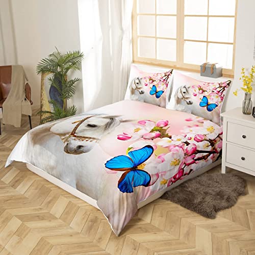 White Horse Bedding Set Butterfly Animals Duvet Cover Set Pink Floral Spring Comforter Cover For Kids Girls Women Western Cowboy Rustic Country Style Bedclothes With 2 Pillowcases Full Size Navy Blue #TOP2