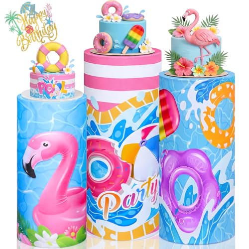 Mindsoft Set of 3 Summer Pool Spandex Cylinder Stand Covers for Party, Flamingo Cylinder Pedestal Covers, Dessert Table Display for Birthday Swimming Party Baby Shower Backdrop Decor(Pink, Blue, Pool)