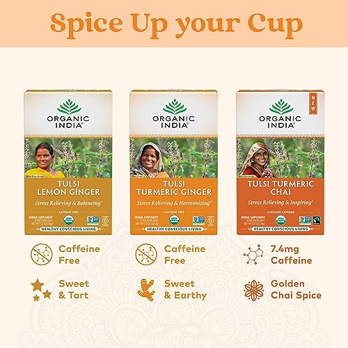 ORGANIC INDIA Tulsi Turmeric Ginger Tea Bags - Herbal Tea, Stress Relieving & Harmonizing, Immune Support, Healthy Inflammatory Response, Aids Digestion, Caffeine-Free - 18 Infusion Bags, 1 Pack