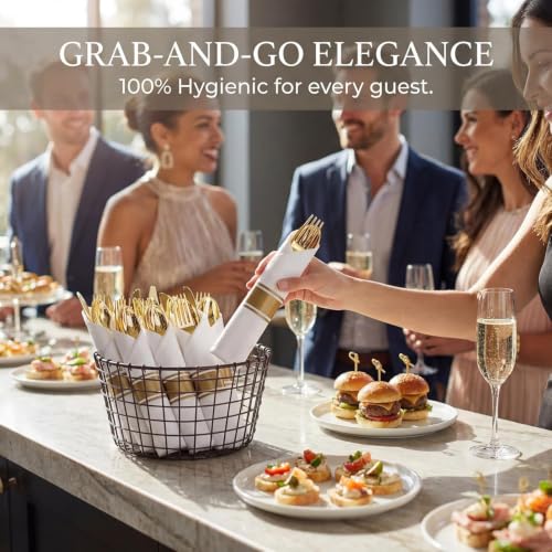 Liacere 100Pack Pre Rolled Gold Silverware and Napkin-Disposable Gold Plastic Utensils-Wrapped Plastic Cutlery Set with Napkin:100 Forks,100 Knives,100 Spoons,100 Napkins for Wedding & Party by Liacere - Image 7