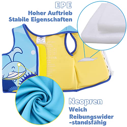 Foto von Pottwal Schwimmweste Kinder - Schwimmhilfe für 2-3 Jahre (15-19KG) - Hergestellt aus Neopren & EPE - mit Verstellbarem Schrittgurt - Blau