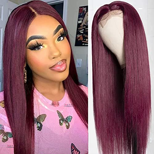 Beauty Forever #99J Straight Hand Tied T Part Lace Closure Wig Human Hair Lace Part Wigs For Black Women, 20 Inch Human Hair Lace Wigs Middle Part 150% Density