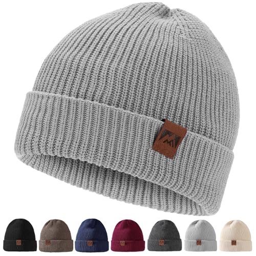 ricema Beanie Mütze Herren Damen - Wintermütze mit Lederpatch Warme Strickmütze - Weiche Dehnbare Unisex - Stylische Urban Streetwear Mütze - Winter, Grau