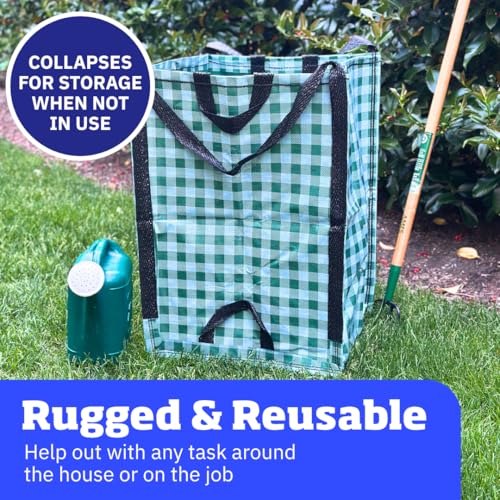 DURASACK Heavy Duty Home and Yard Bags 48-Gallon Reusable Self-Standing Lawn and Leaf Bags Garbage Can with Reinforced Handles, Gingham Green