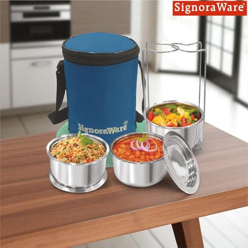 Image of SignoraWare Fine Meal Stainless Steel Lunch Box | Airtight & Leakproof Lid | Compact & Lightweight | Tiffin for Office, School & Travel Use (300ml x 3 | Set of 3 | Steel)