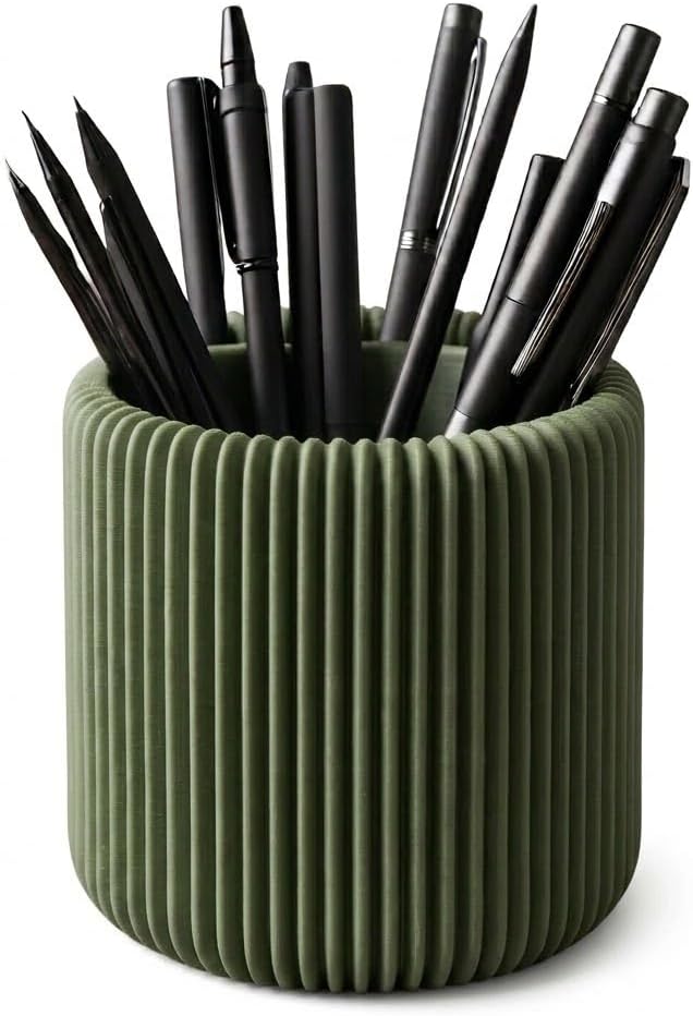 Minimalist 3D Printed Ripple Pencil Holder - Modern Matte Desk Organizer and Pen Cup, Fluted Makeup Brush Holder, Geometric Aesthetic Stationary Storage, Charcoal Black (green)