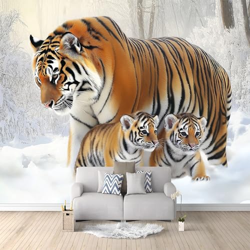 Mural Fotográfico Tigre Animal De Nieve 500x280 cm Murales Decorativos Pared 3D Papel Pintado, Moderno Decoración de Paredes para salón Dormitorio Pasillo Comedor