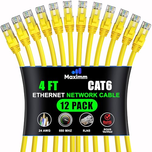 Maximm Cat 6 Ethernet Cable 4 Ft (12-Pack) - High-Speed LAN, Internet, Patch, and Network Cord - UTP, 10Gbps, 550MHz - Yellow