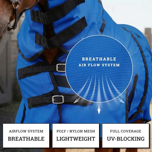 Image of Horse Fly Sheet with Attached Neck Cover & Tail Flap | UV Protection Mesh Horse Blanket, Full Body Bug & Sun Shield, Buckles, Belly Wrap & Gussets for Spring Summer Riding Rug (Royal Blue, 76 inch)