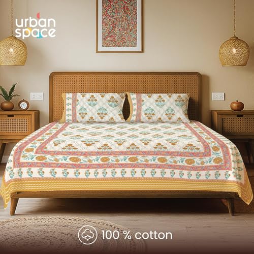 Image of Urban Space 100% Cotton Jaipuri Handblock Premium Printed King Size Bedsheet with 2 Pillow Covers, 240 TC Cotton King Bedsheet (108 x 108 Inches, Amberjaal Yellow)